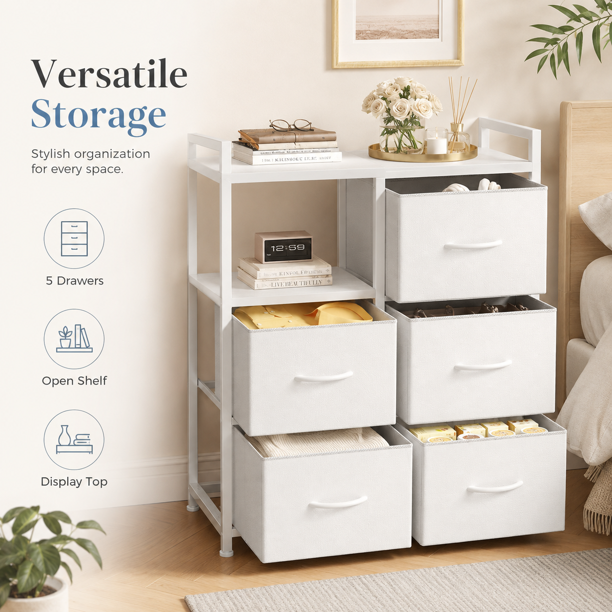 WareBay 5-Drawer Fabric Wardrobe with Double Shelf – Freestanding Bedroom Storage Cabinet