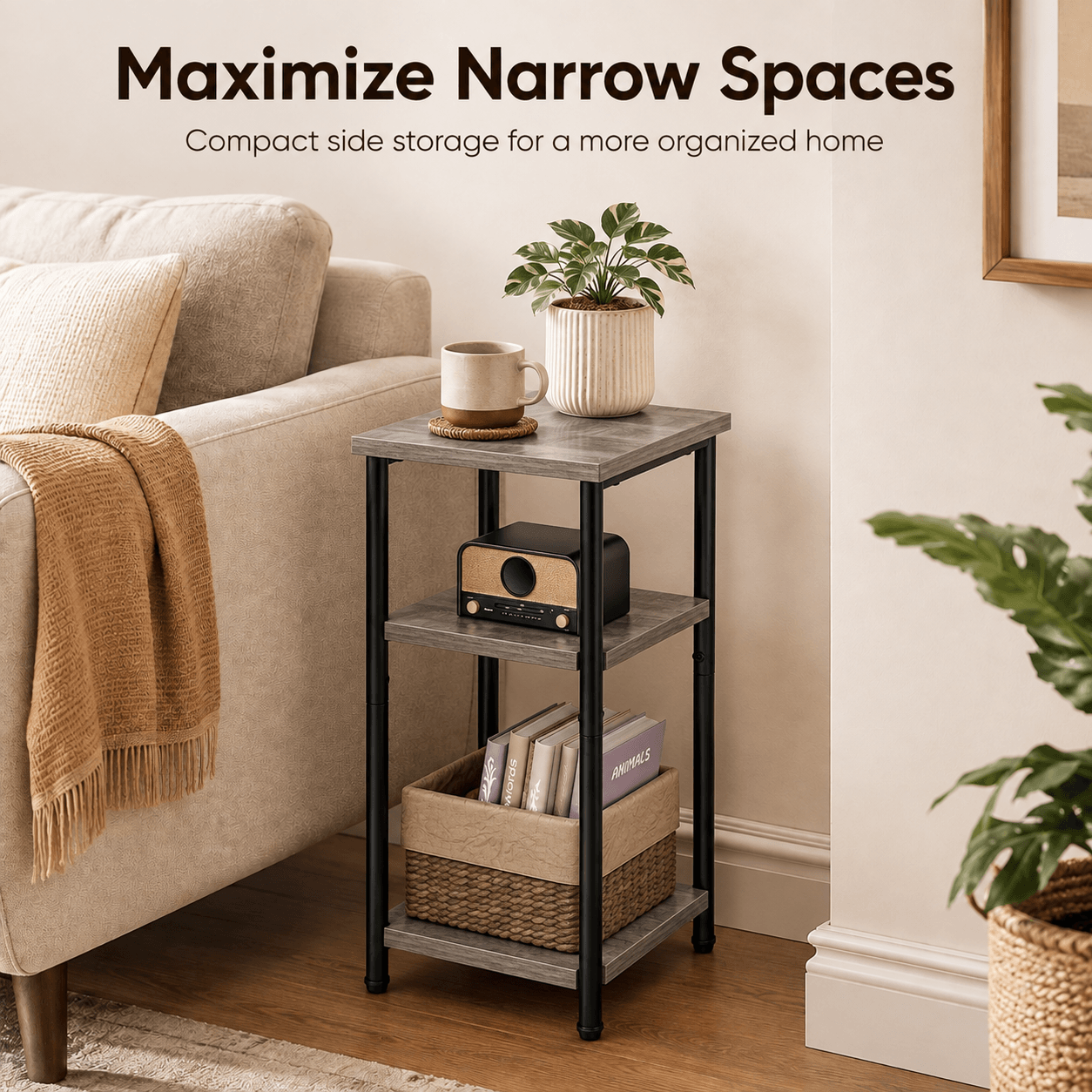 3-Tier Side Table with Storage Shelves – Small End Table for Bedroom, Living Room & Office