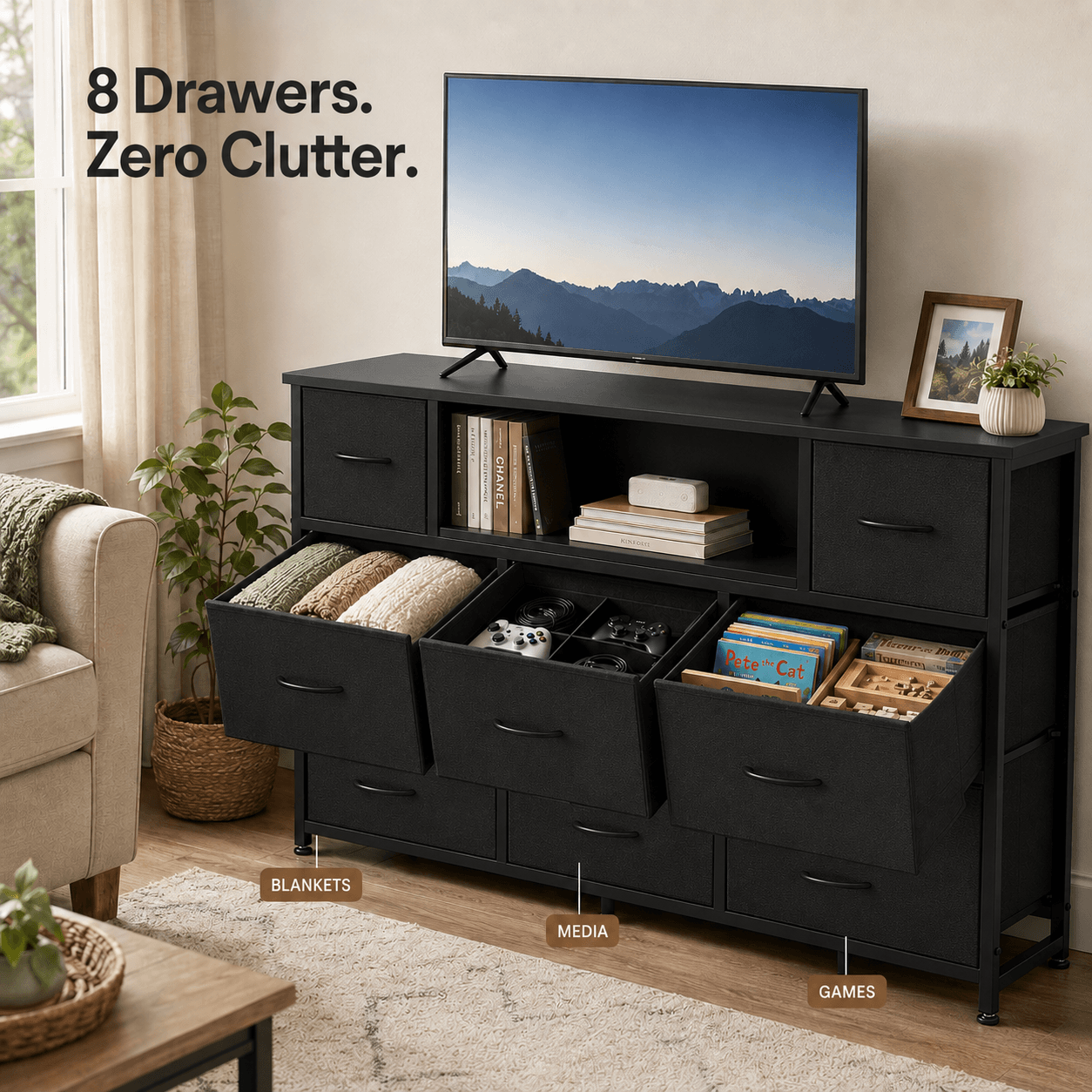 WareBay 8-Drawer Fabric Storage Cabinet with Built-In Power Outlet & USB Charging