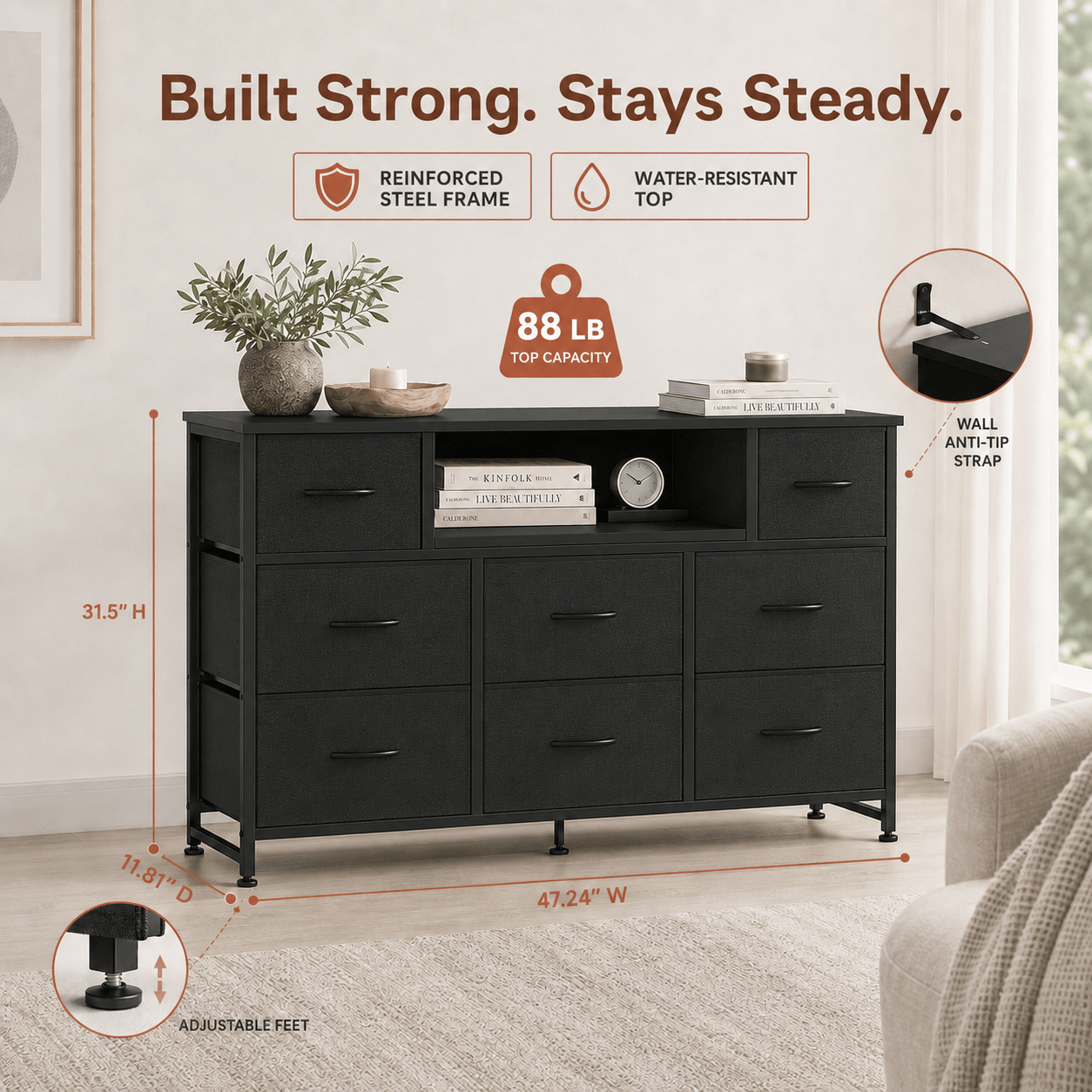 WareBay 8-Drawer Fabric Storage Cabinet with Built-In Power Outlet & USB Charging