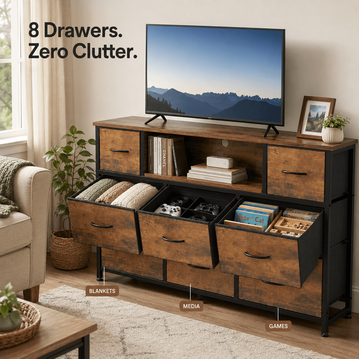 WareBay 8-Drawer Fabric Storage Cabinet with Built-In Power Outlet & USB Charging