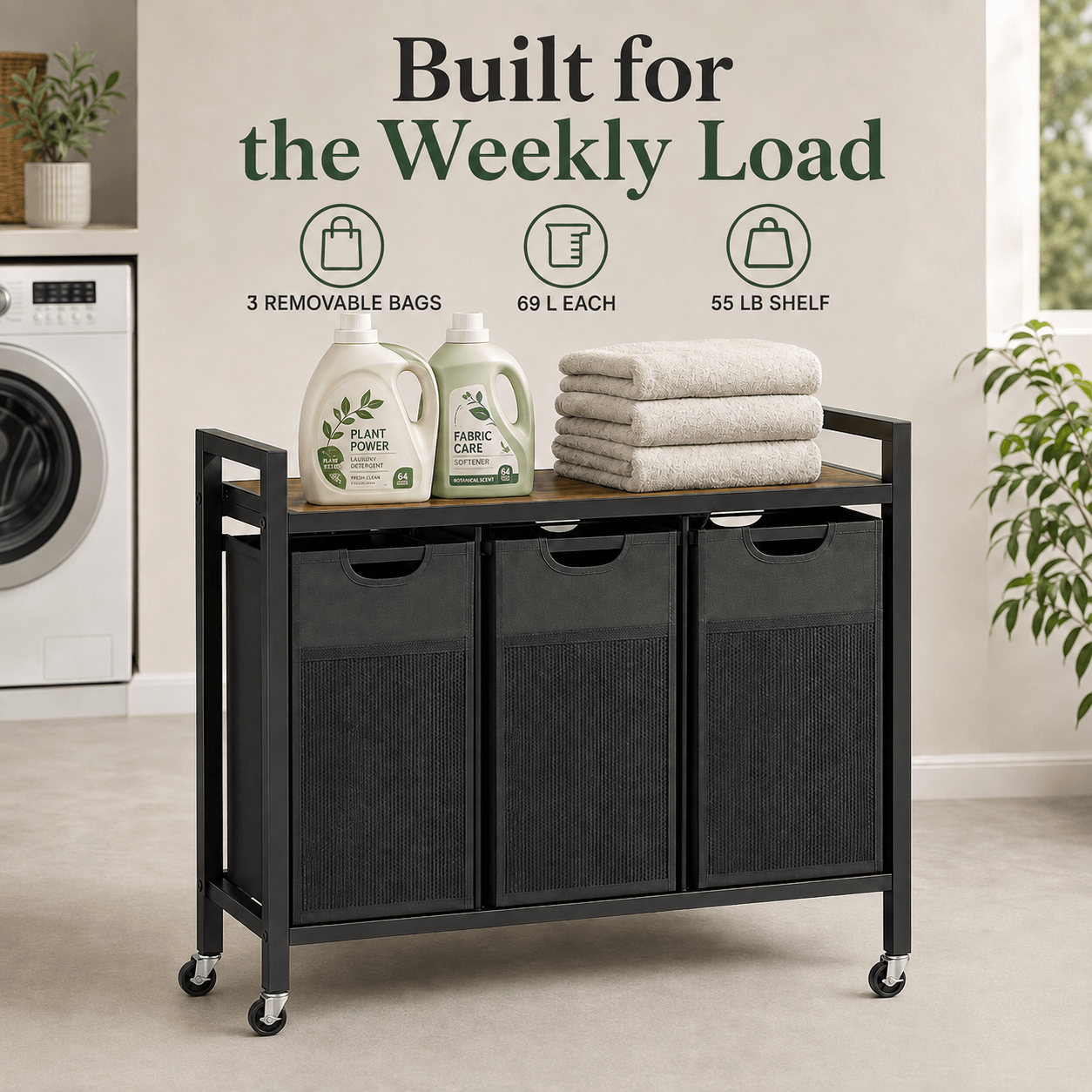 WareBay Laundry Hamper with Removable Bags, Shelf & Wheels – 1 to 4 Basket Sorter