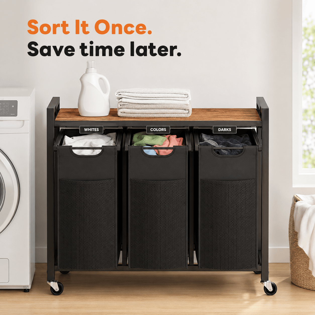 WareBay Laundry Hamper with Removable Bags, Shelf & Wheels – 1 to 4 Basket Sorter