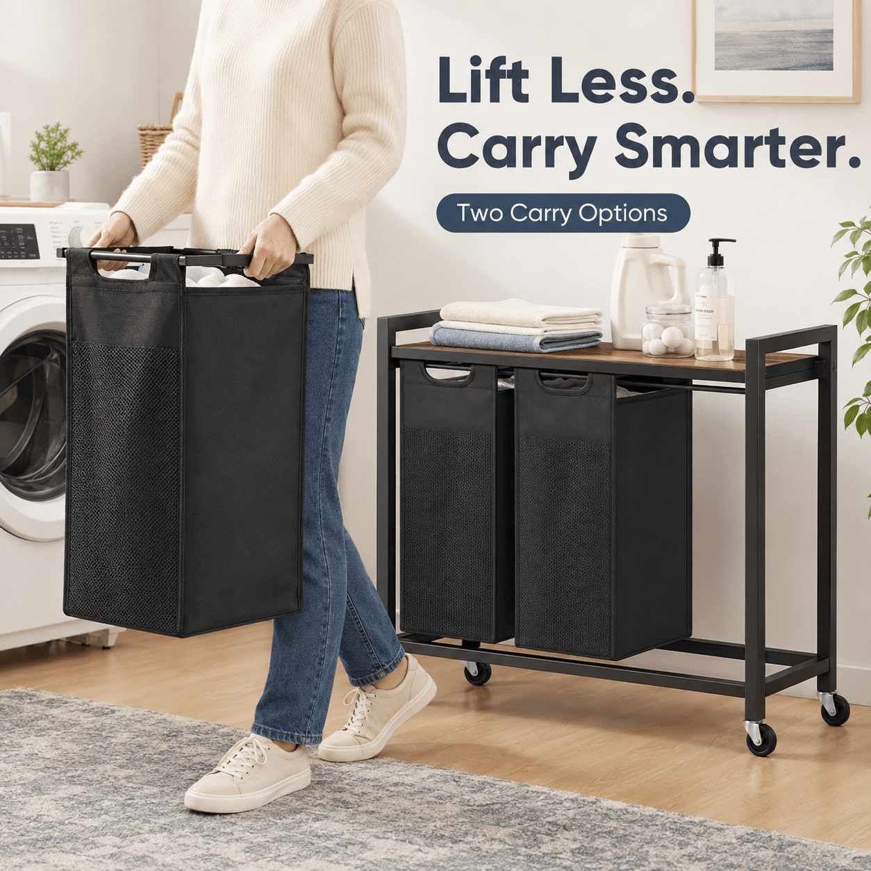 WareBay Laundry Hamper with Removable Bags, Shelf & Wheels – 1 to 4 Basket Sorter