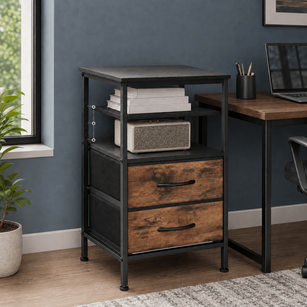 WareBay Nightstand with Charging Station & 2 Fabric Drawers – Small Bedside Table