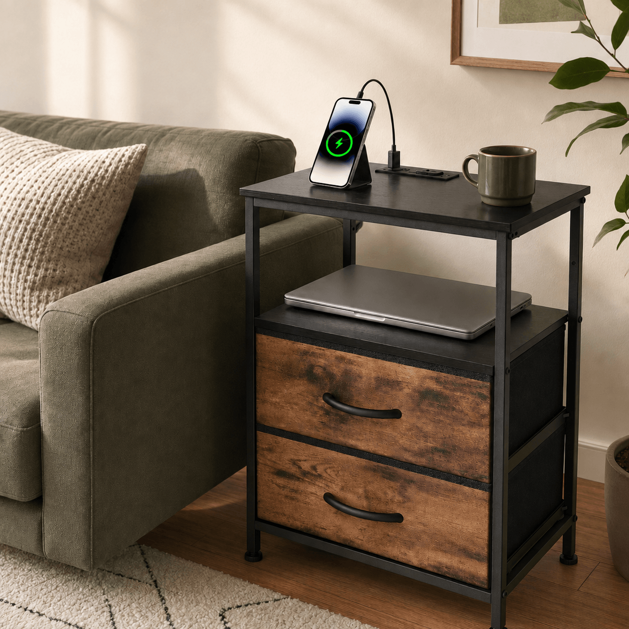 WareBay Nightstand with Charging Station & 2 Fabric Drawers – Small Bedside Table