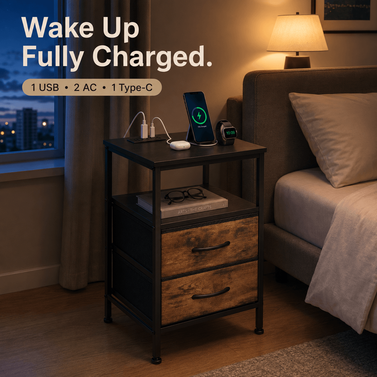 WareBay Nightstand with Charging Station & 2 Fabric Drawers – Small Bedside Table