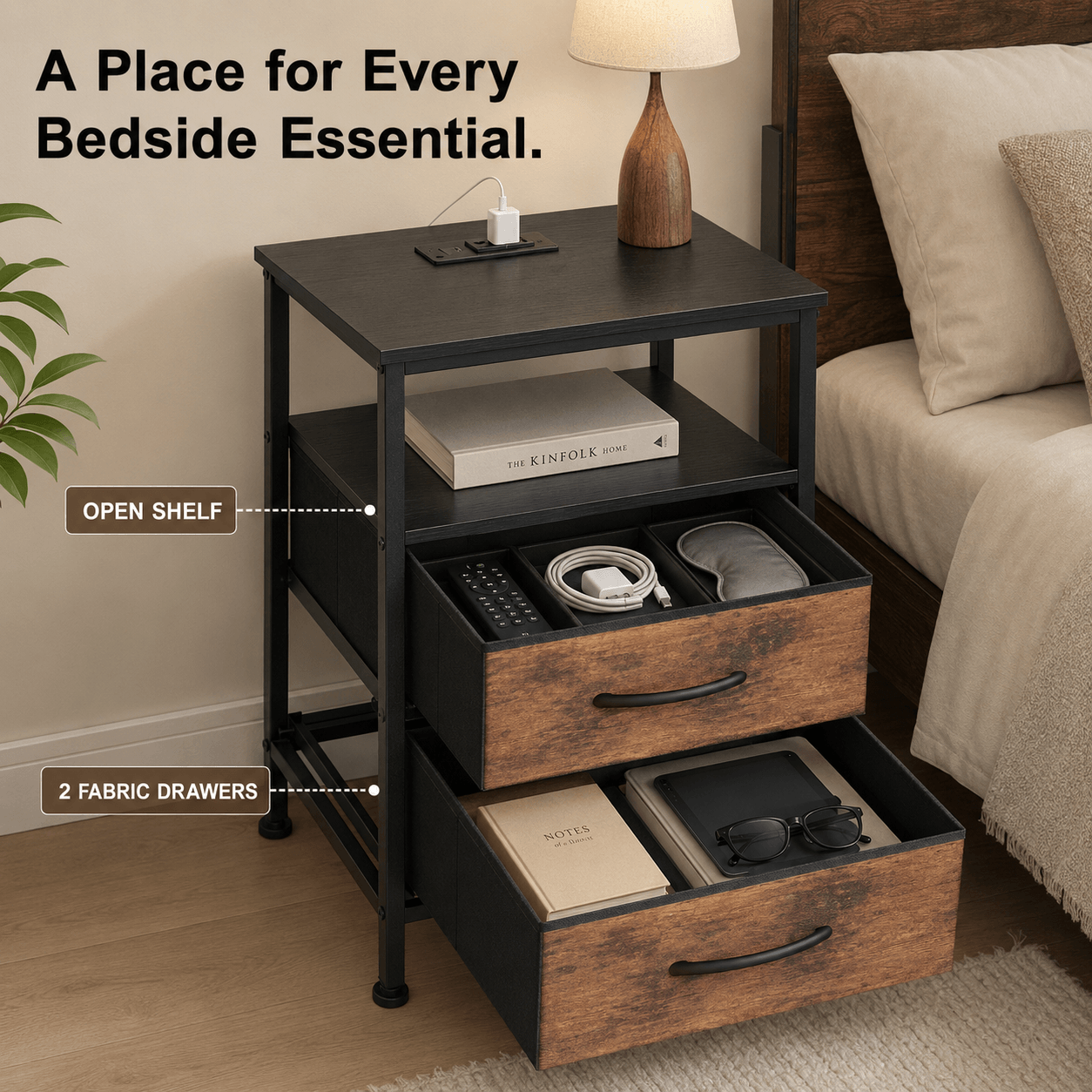 WareBay Nightstand with Charging Station & 2 Fabric Drawers – Small Bedside Table