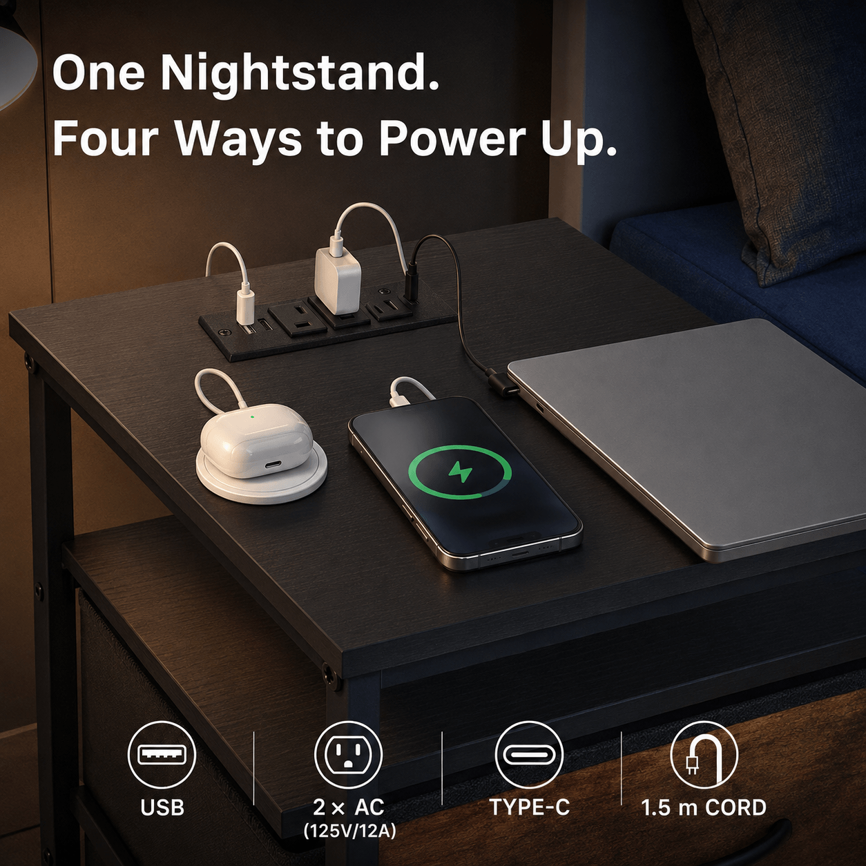 WareBay Nightstand with Charging Station & 2 Fabric Drawers – Small Bedside Table