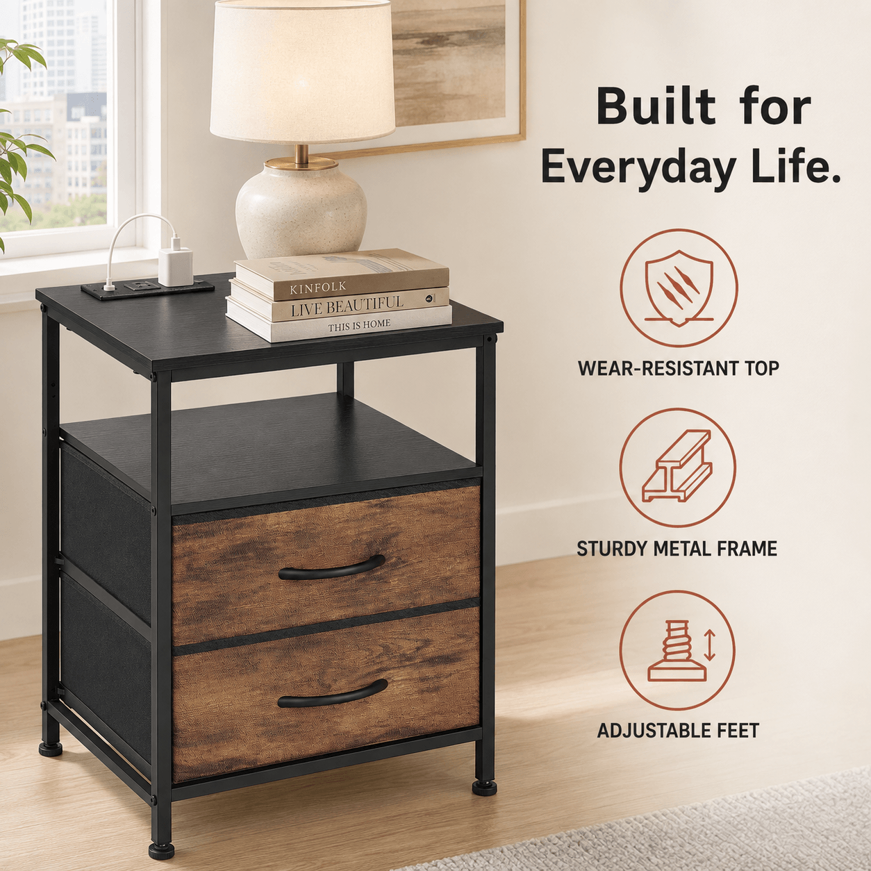 WareBay Nightstand with Charging Station & 2 Fabric Drawers – Small Bedside Table