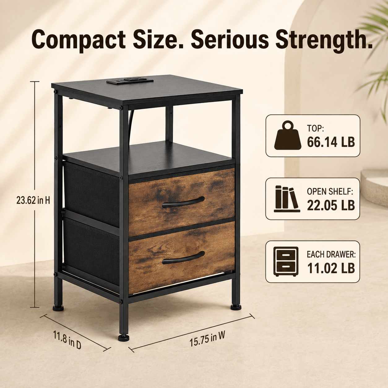 WareBay Nightstand with Charging Station & 2 Fabric Drawers – Small Bedside Table