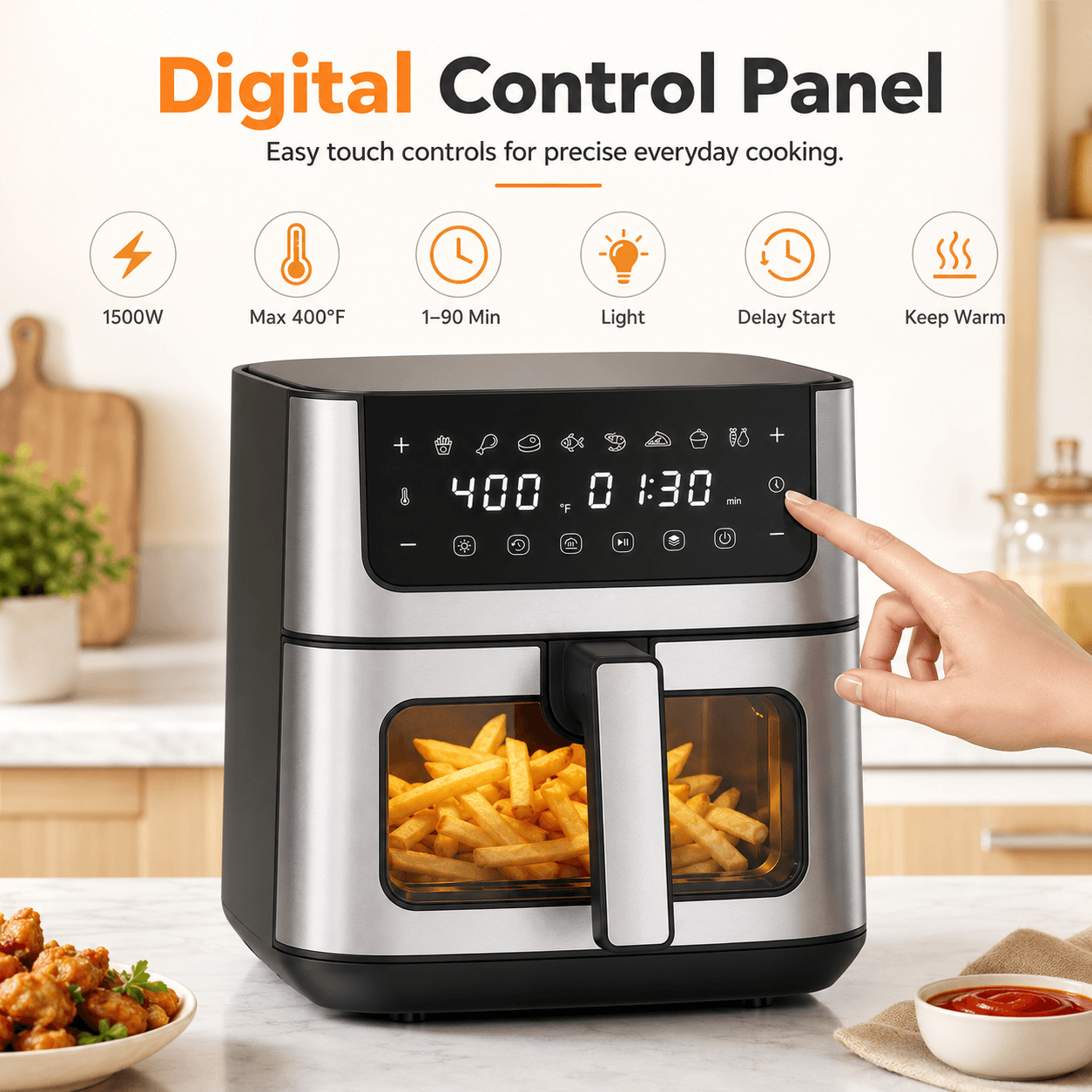 6.34QT Stainless Steel Digital Air Fryer with Window & 8 Cooking Functions