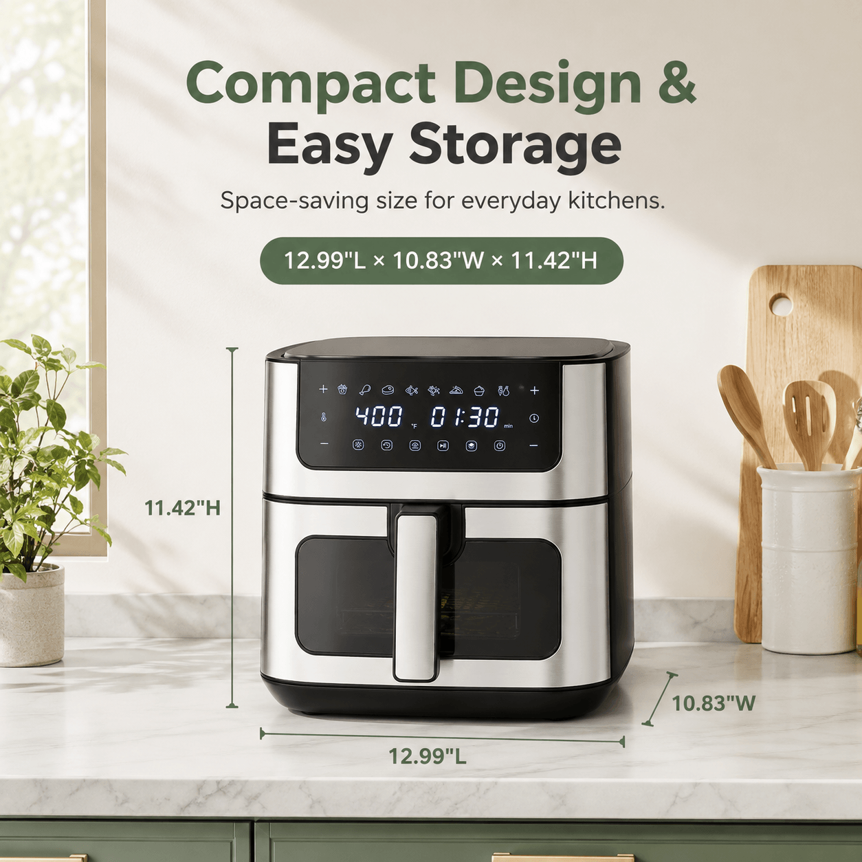 6.34QT Stainless Steel Digital Air Fryer with Window & 8 Cooking Functions