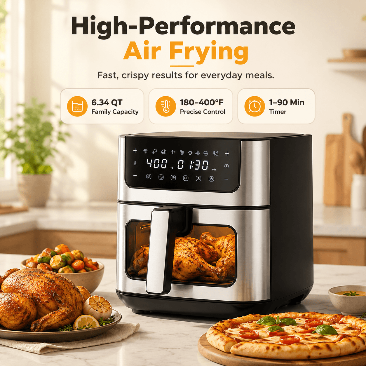 6.34QT Stainless Steel Digital Air Fryer with Window & 8 Cooking Functions
