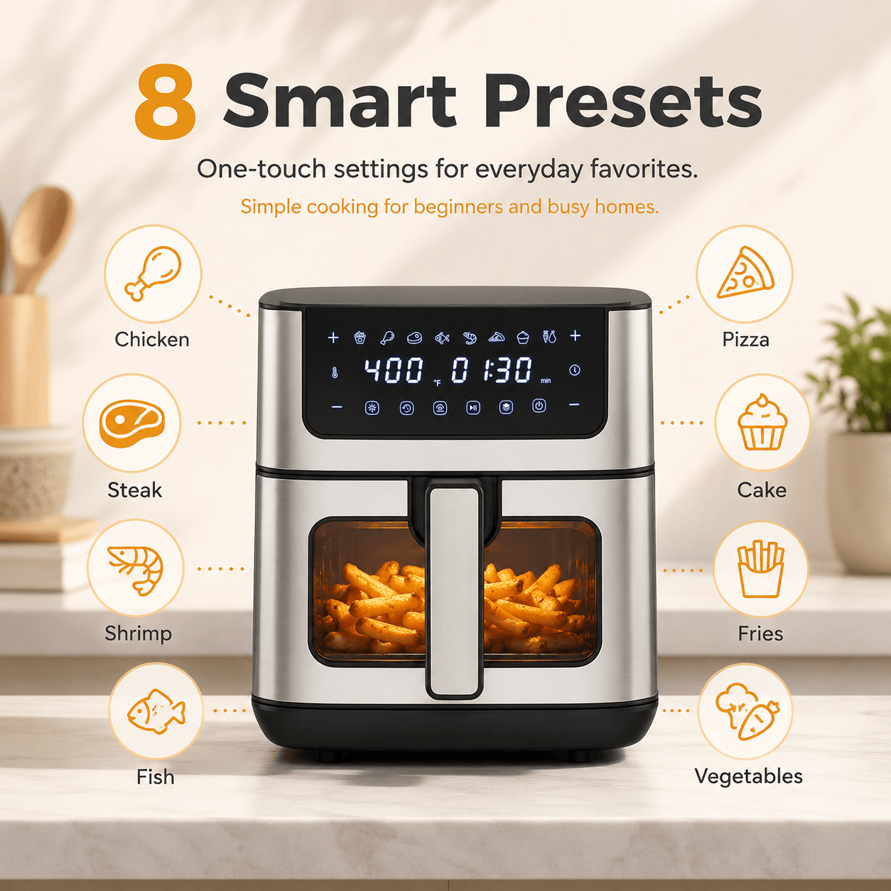 6.34QT Stainless Steel Digital Air Fryer with Window & 8 Cooking Functions