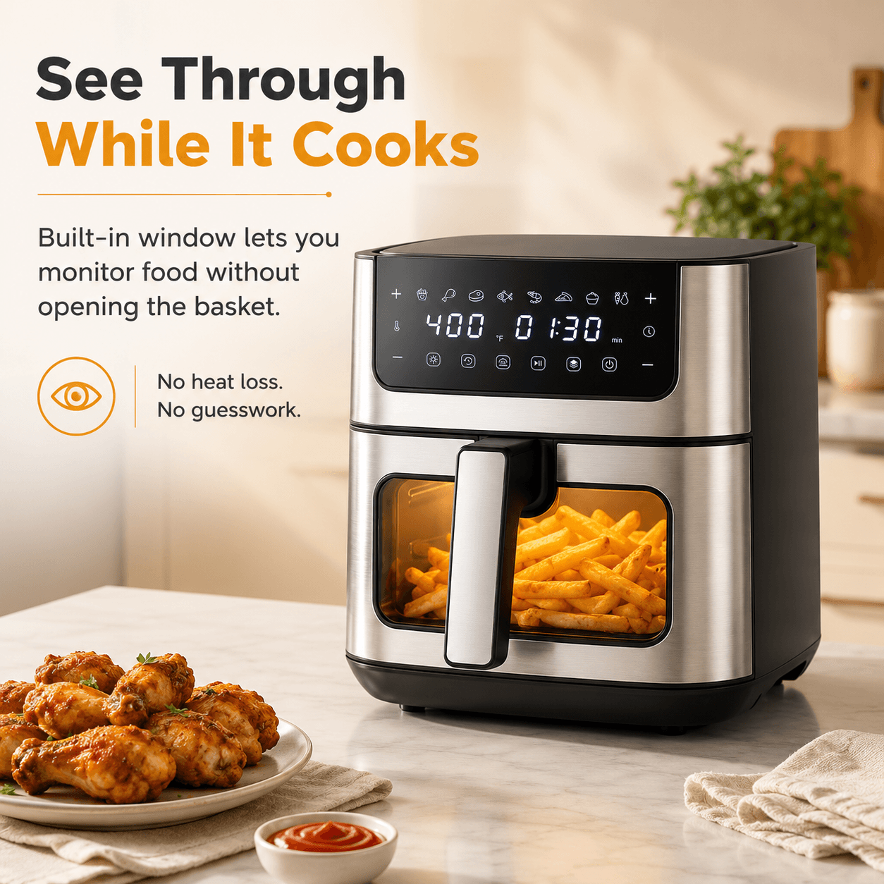 6.34QT Stainless Steel Digital Air Fryer with Window & 8 Cooking Functions