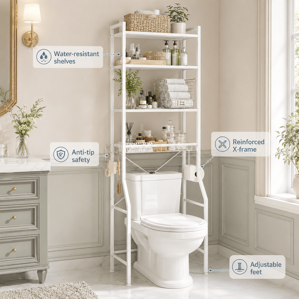 68-Inch Over-the-Toilet Bathroom Storage Rack