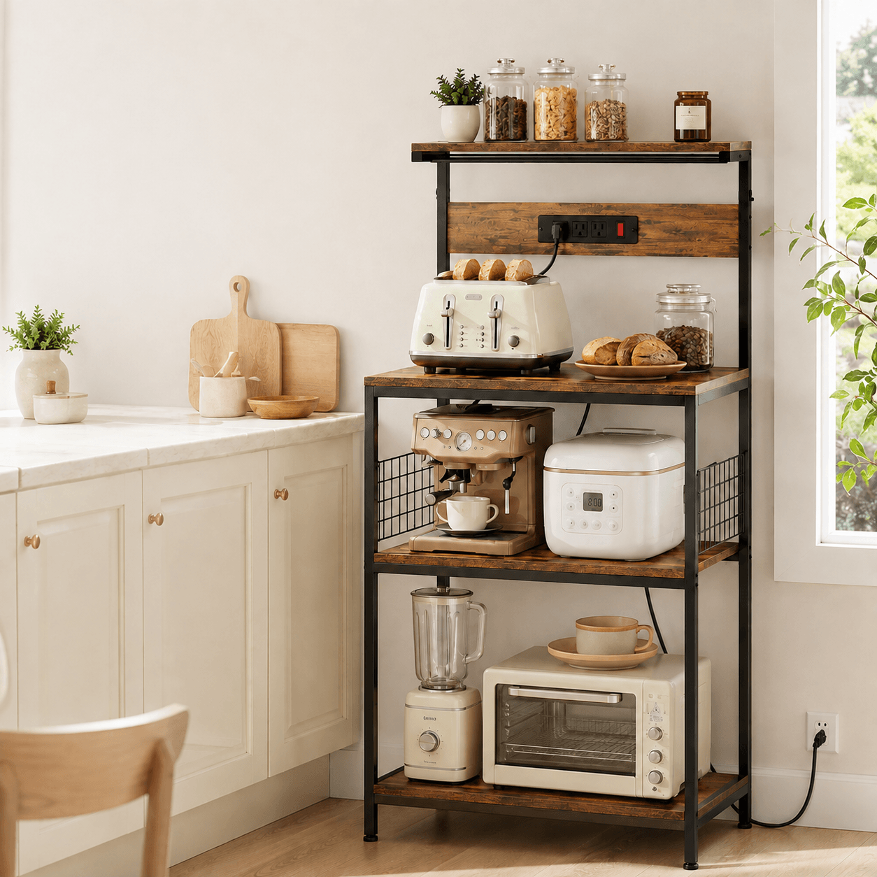 Kitchen Baker's Rack with Power Outlet, Adjustable Shelves, Microwave Stand with 3 AC Outlets