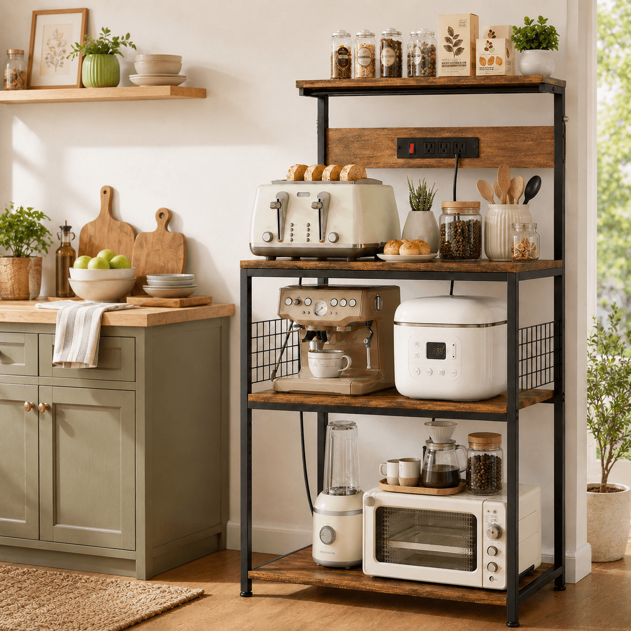 Kitchen Baker's Rack with Power Outlet, Adjustable Shelves, Microwave Stand with 3 AC Outlets