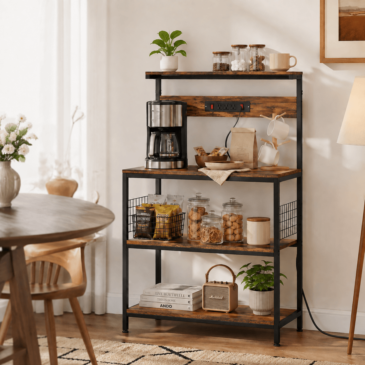 Kitchen Baker's Rack with Power Outlet, Adjustable Shelves, Microwave Stand with 3 AC Outlets