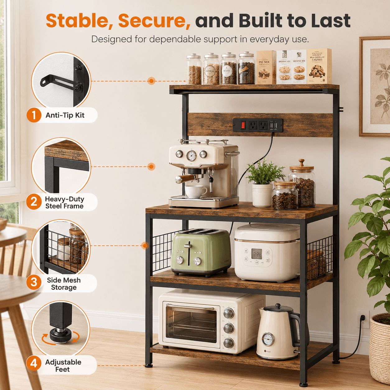 Kitchen Baker's Rack with Power Outlet, Adjustable Shelves, Microwave Stand with 3 AC Outlets