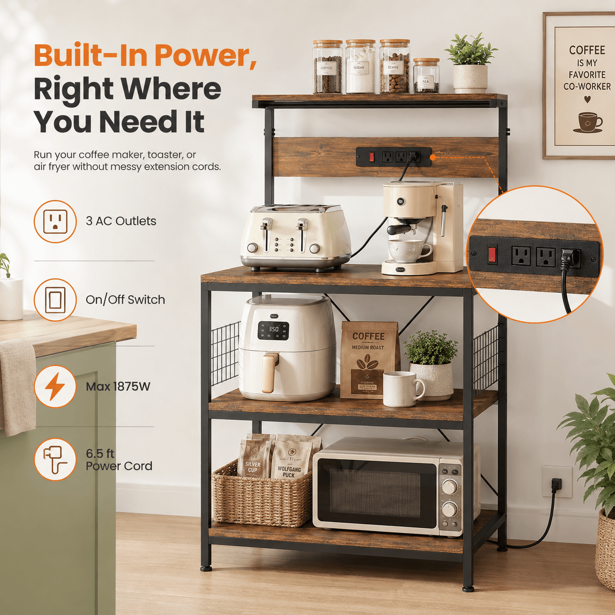 Kitchen Baker's Rack with Power Outlet, Adjustable Shelves, Microwave Stand with 3 AC Outlets