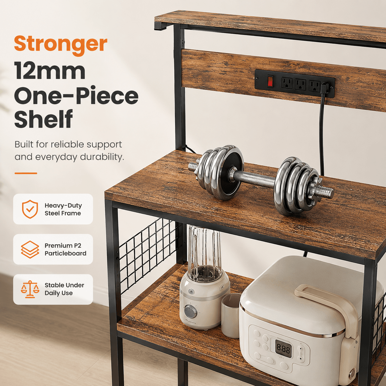 Kitchen Baker's Rack with Power Outlet, Adjustable Shelves, Microwave Stand with 3 AC Outlets