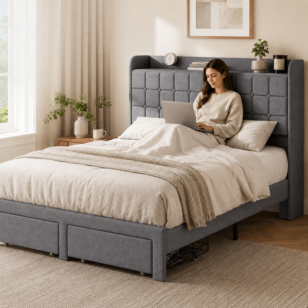 Upholstered Platform Bed Frame with Storage Drawers & Headboard, Full/Queen/King