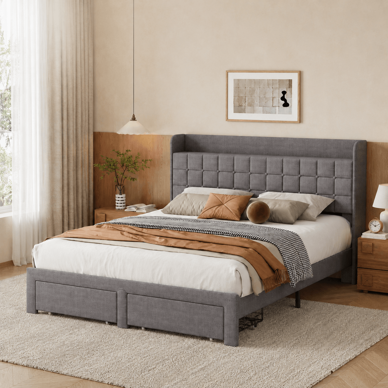 Upholstered Platform Bed Frame with Storage Drawers & Headboard, Full/Queen/King