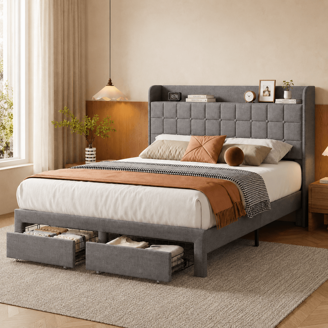 Upholstered Platform Bed Frame with Storage Drawers & Headboard, Full/Queen/King