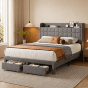 Upholstered Platform Bed Frame with Storage Drawers & Headboard, Full/Queen/King