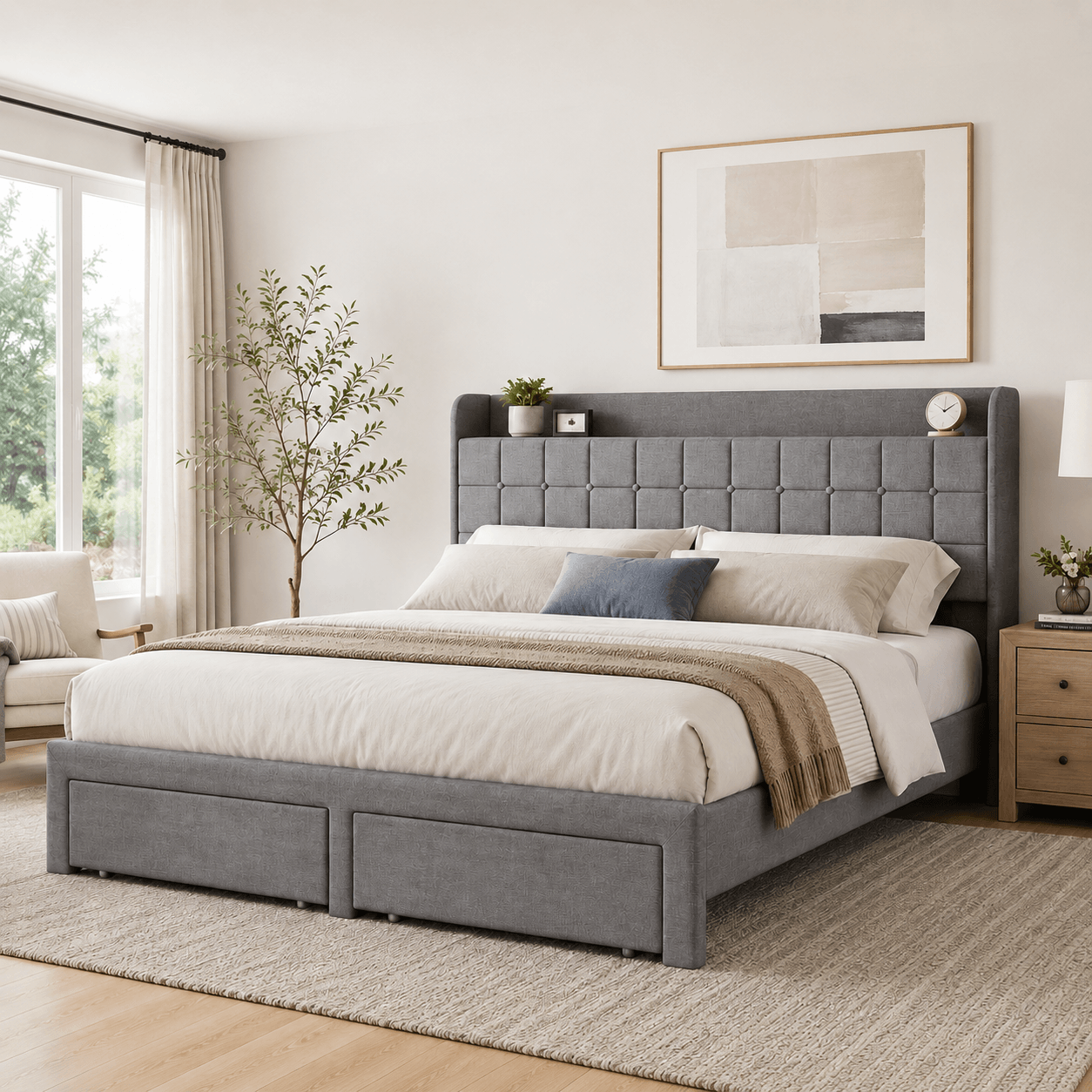 Upholstered Platform Bed Frame with Storage Drawers & Headboard, Full/Queen/King