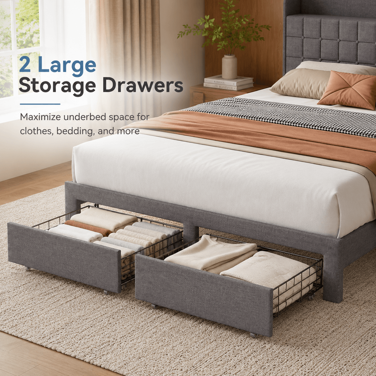Upholstered Platform Bed Frame with Storage Drawers & Headboard, Full/Queen/King