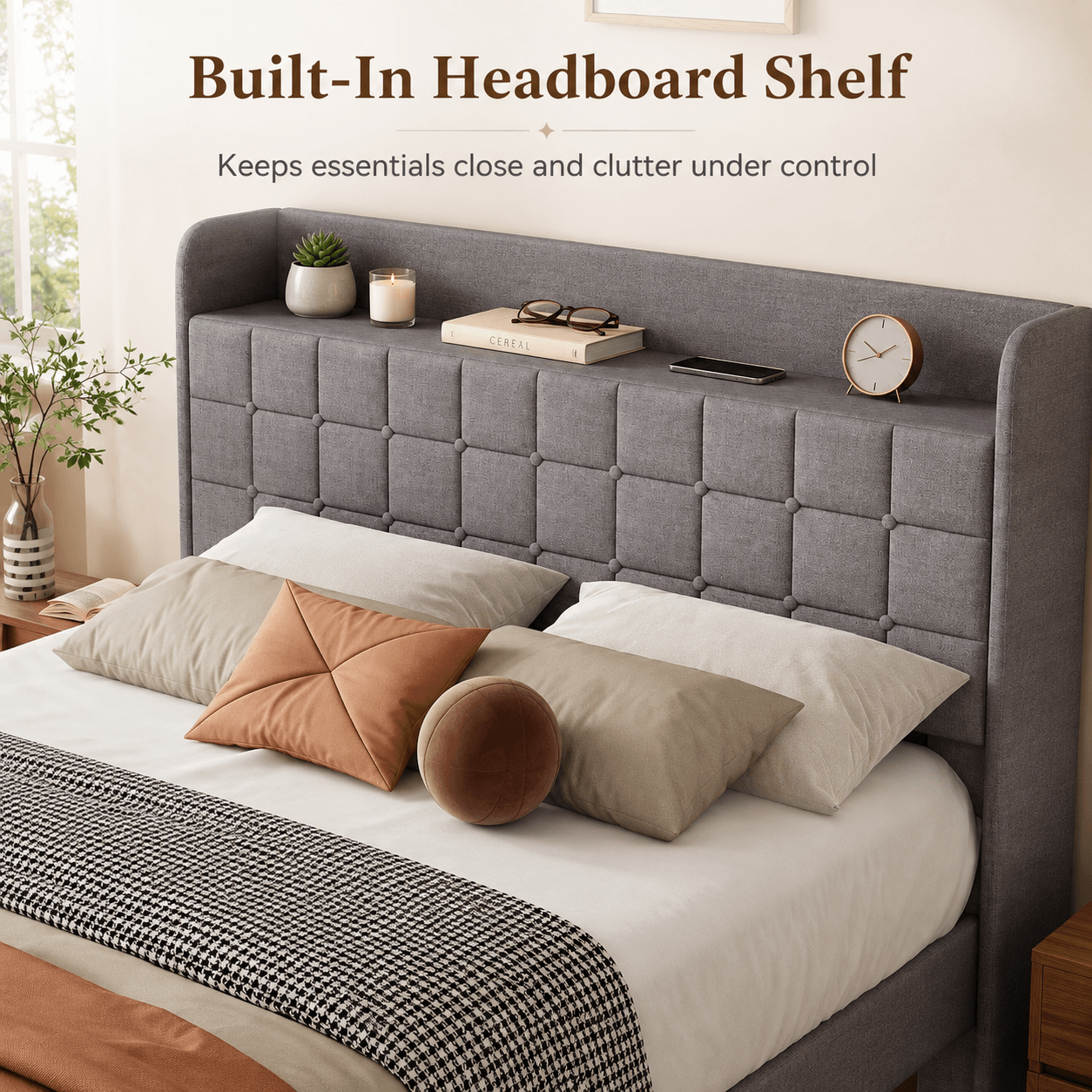 Upholstered Platform Bed Frame with Storage Drawers & Headboard, Full/Queen/King
