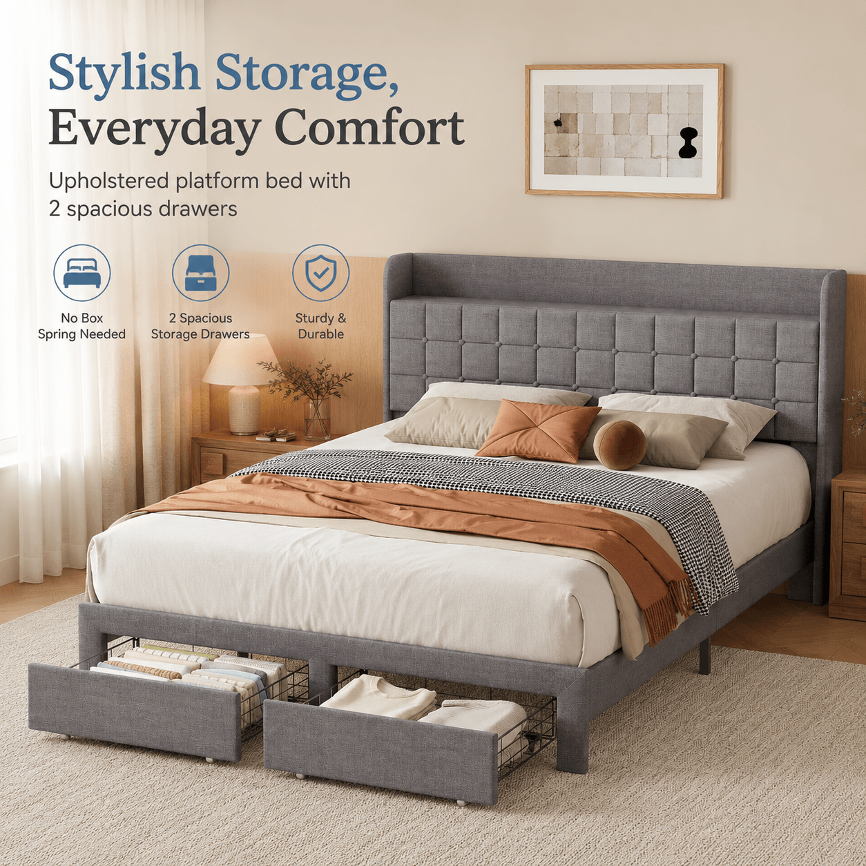 Upholstered Platform Bed Frame with Storage Drawers & Headboard, Full/Queen/King