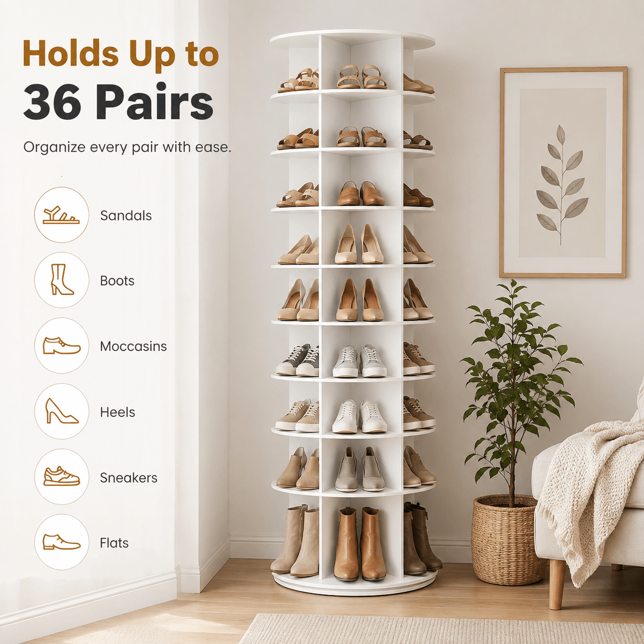 WareBay 7-Tier 360° Rotating Shoe Organizer – Vertical Shoe Storage Rack for Small Spaces