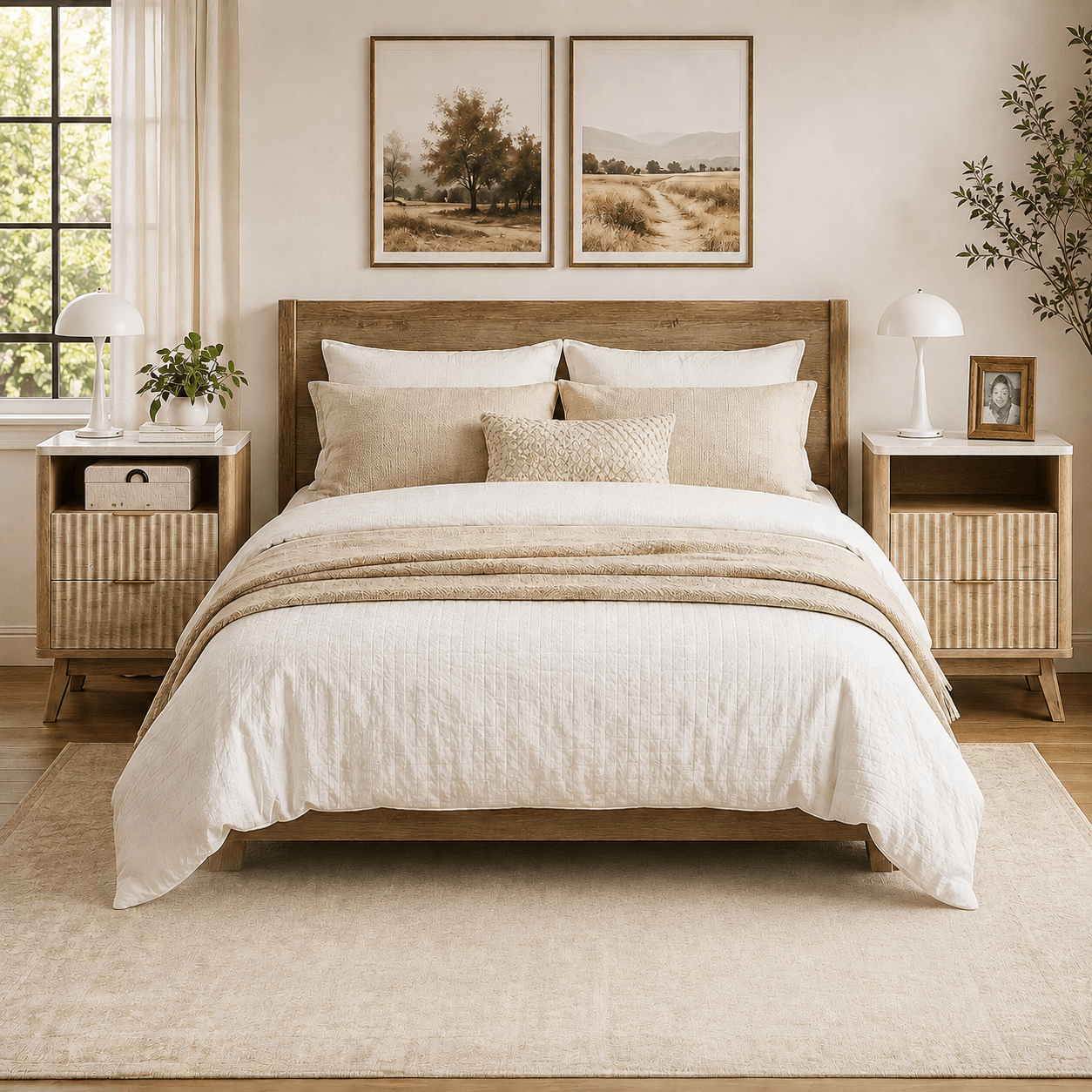 Fluted Nightstand with Charging Station, 2 AC Outlets & USB Ports, Mid-Century Bedside Table with 2 Drawers