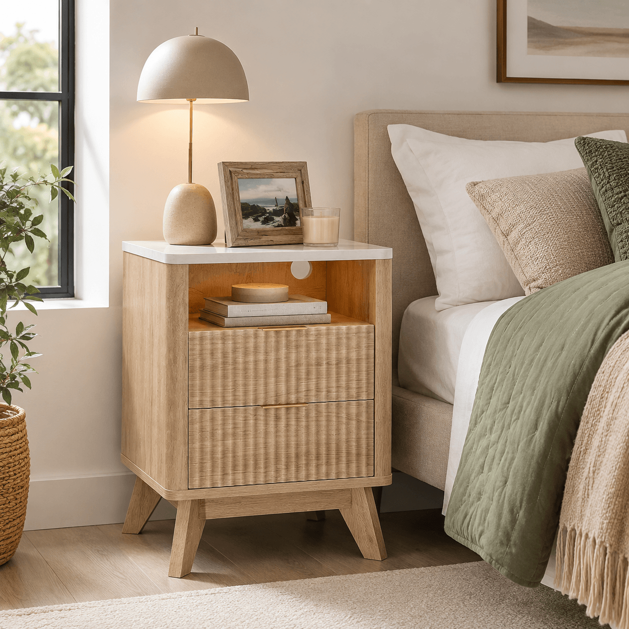 Fluted Nightstand with Charging Station, 2 AC Outlets & USB Ports, Mid-Century Bedside Table with 2 Drawers