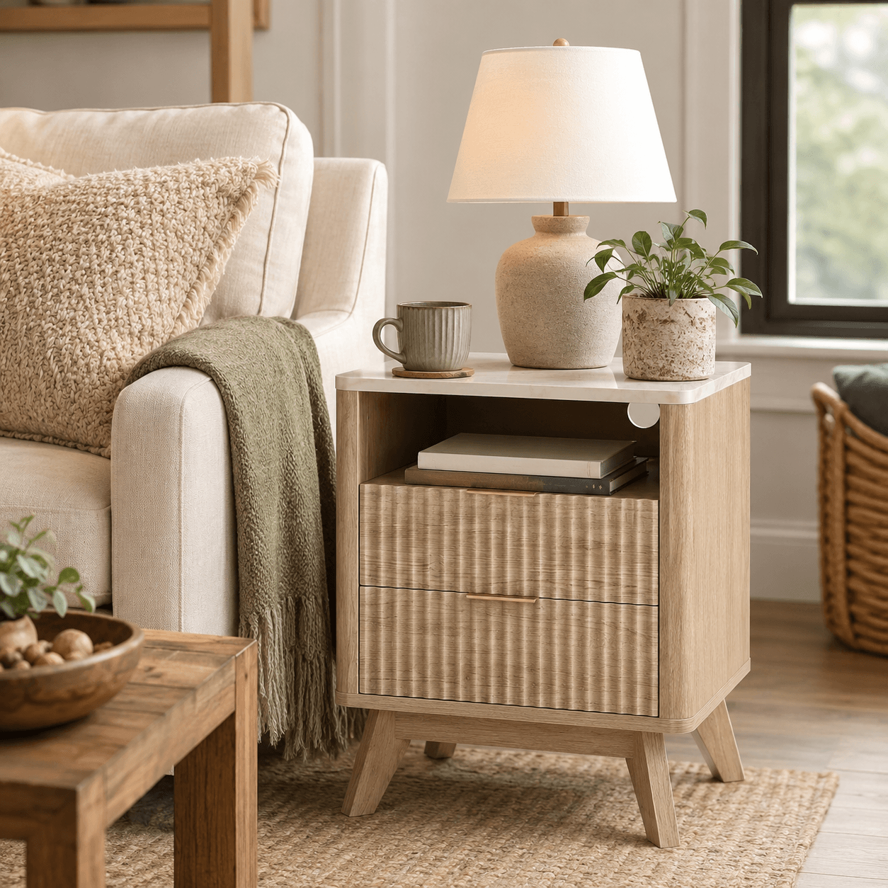 Fluted Nightstand with Charging Station, 2 AC Outlets & USB Ports, Mid-Century Bedside Table with 2 Drawers
