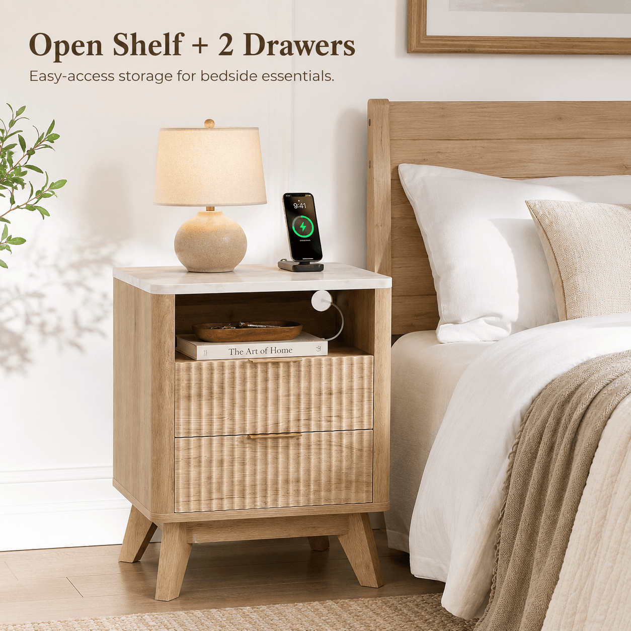 Fluted Nightstand with Charging Station, 2 AC Outlets & USB Ports, Mid-Century Bedside Table with 2 Drawers
