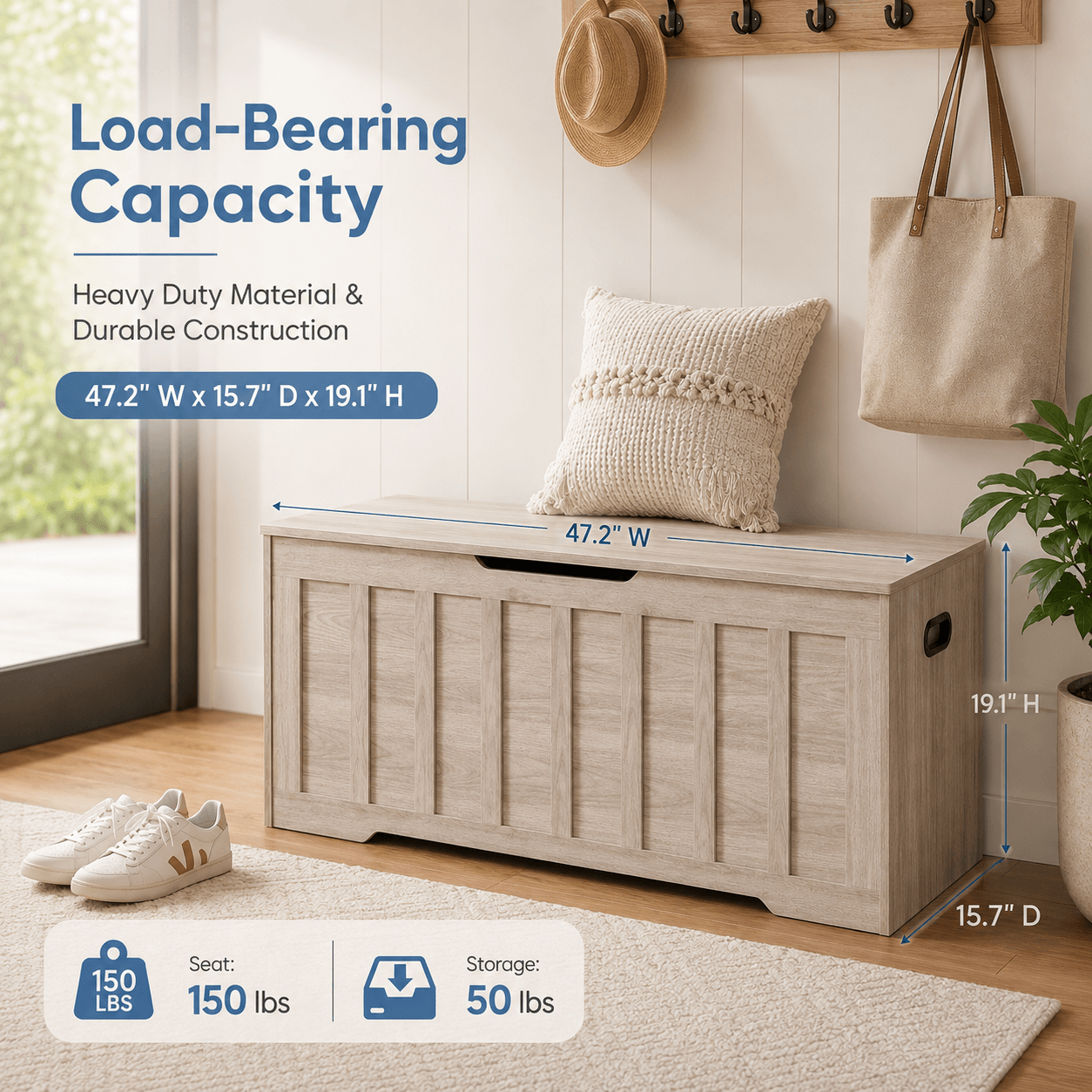 47" Storage Bench with Soft-Close Lid – Farmhouse Entryway Bench with Storage for Bedroom
