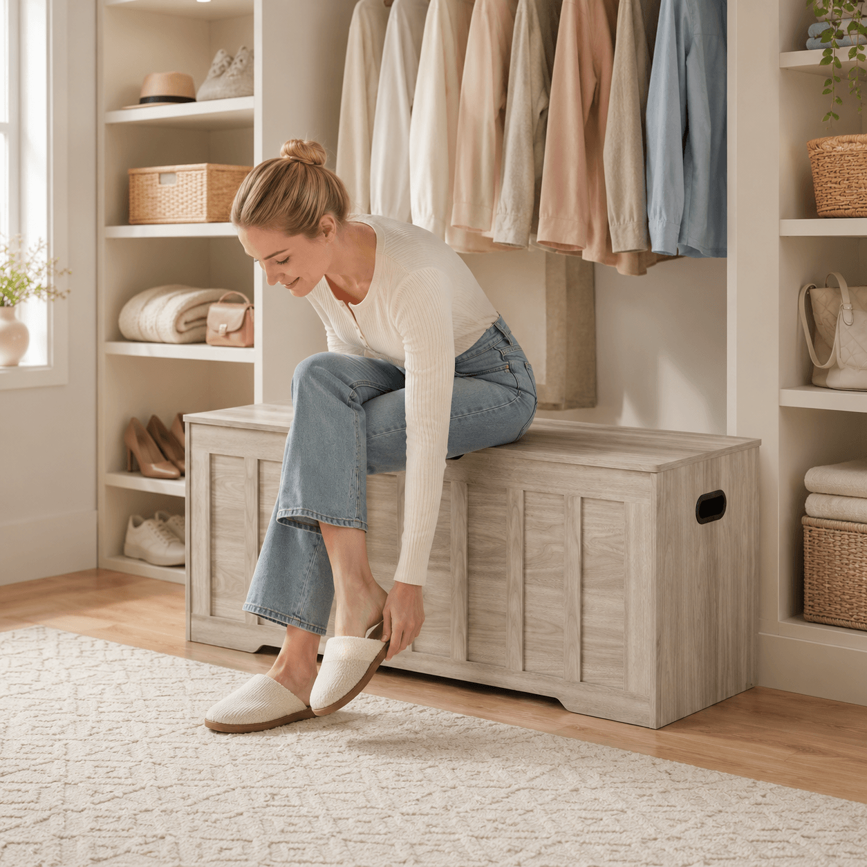 47" Storage Bench with Soft-Close Lid – Farmhouse Entryway Bench with Storage for Bedroom