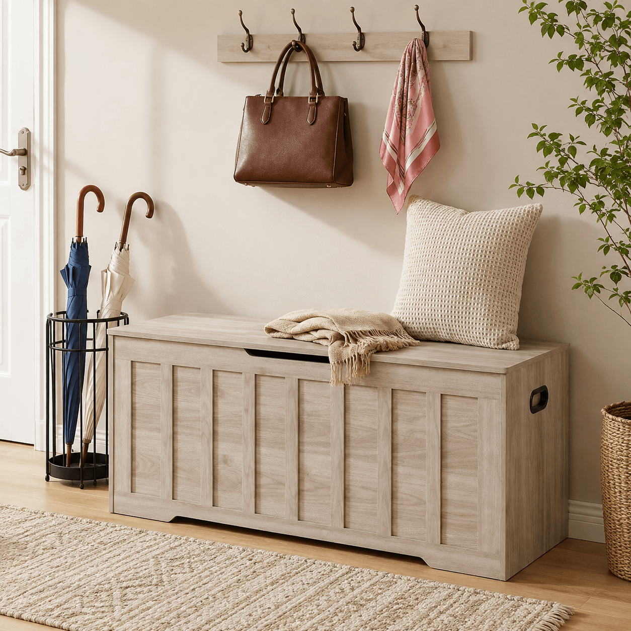 47" Storage Bench with Soft-Close Lid – Farmhouse Entryway Bench with Storage for Bedroom