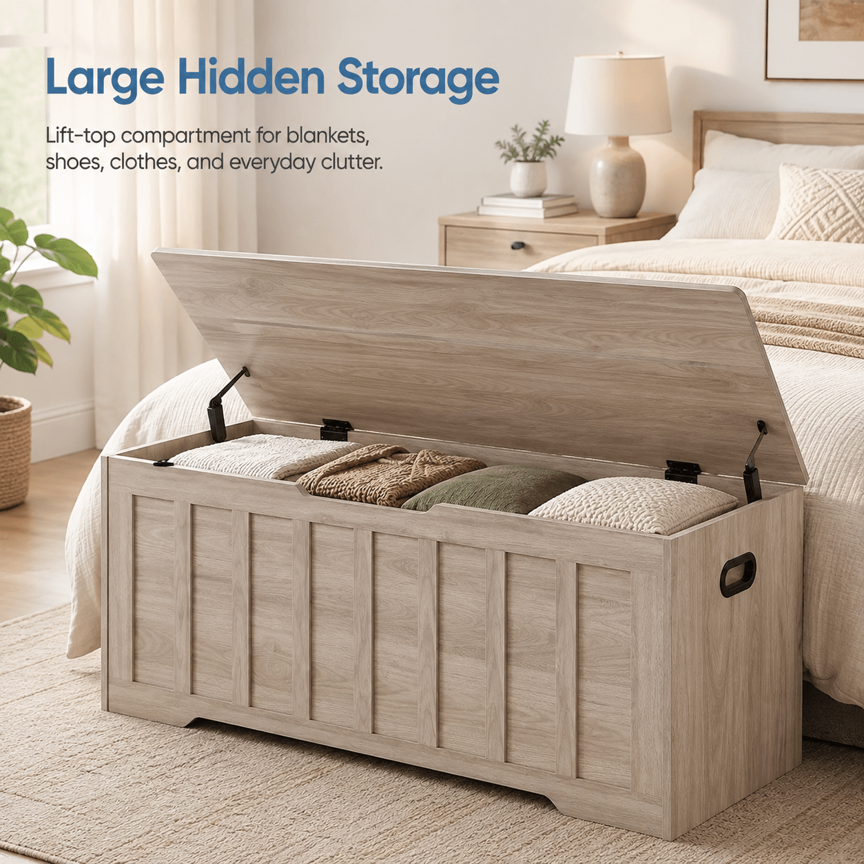 47" Storage Bench with Soft-Close Lid – Farmhouse Entryway Bench with Storage for Bedroom