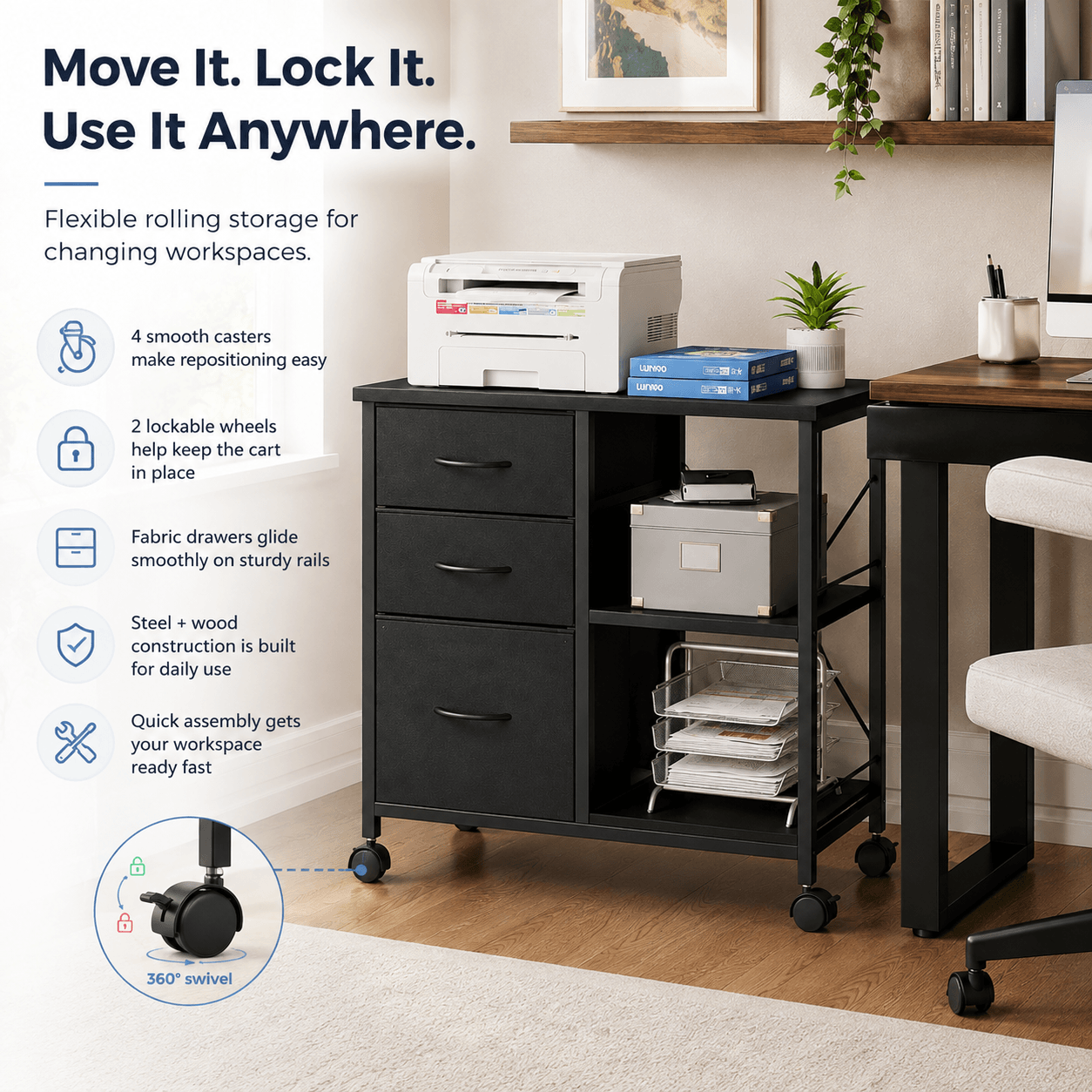 3-layer mobile filing cabinet, printer stand with storage, office storage cabinet with drawers and back support strips