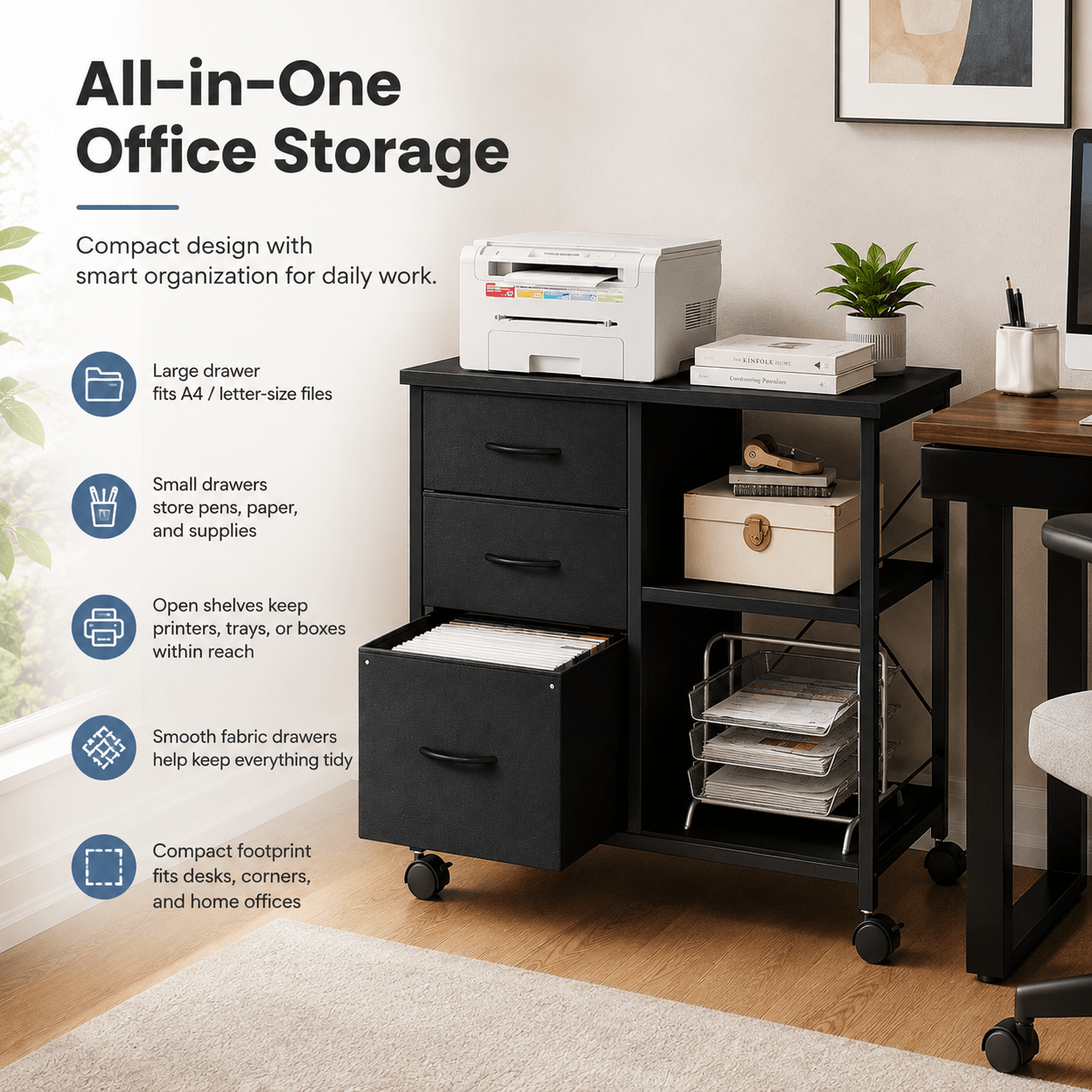 3-layer mobile filing cabinet, printer stand with storage, office storage cabinet with drawers and back support strips