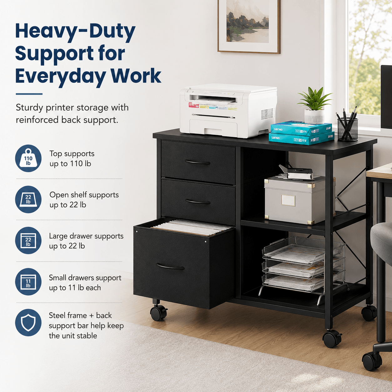 3-layer mobile filing cabinet, printer stand with storage, office storage cabinet with drawers and back support strips