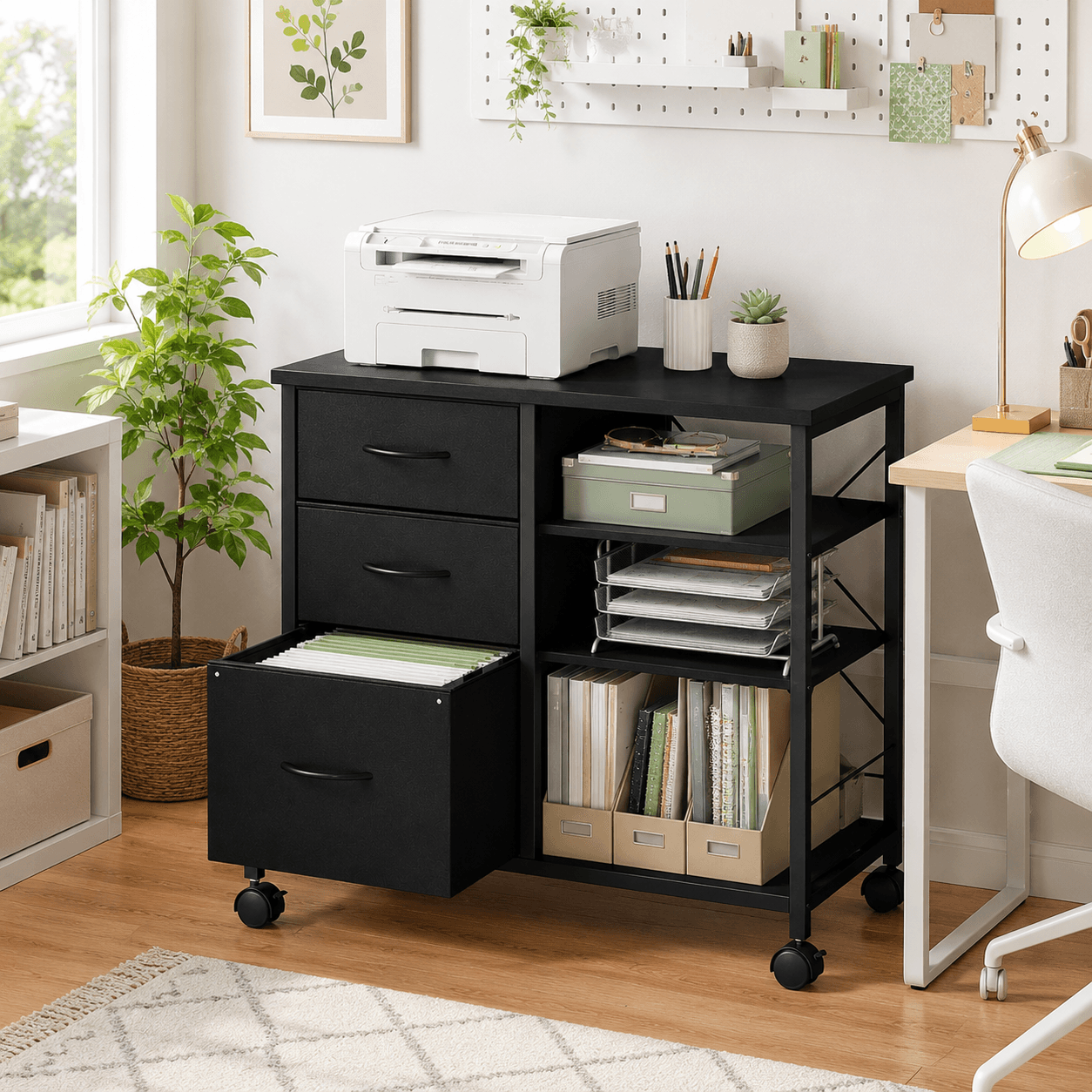3-layer mobile filing cabinet, printer stand with storage, office storage cabinet with drawers and back support strips