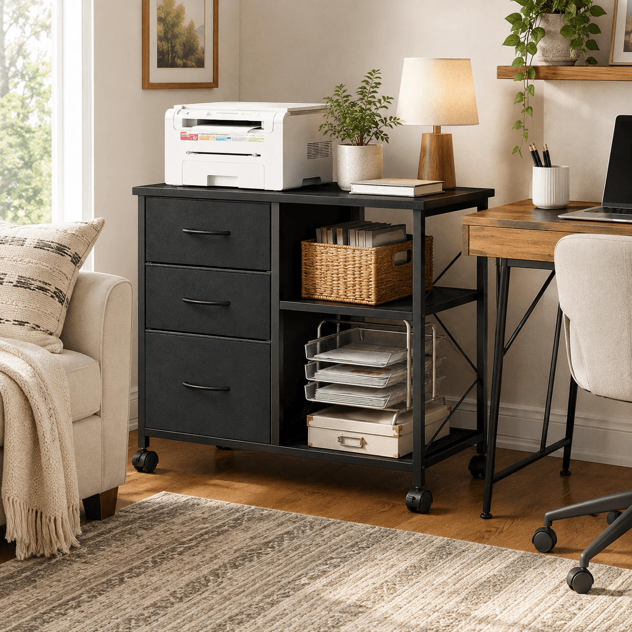 3-layer mobile filing cabinet, printer stand with storage, office storage cabinet with drawers and back support strips