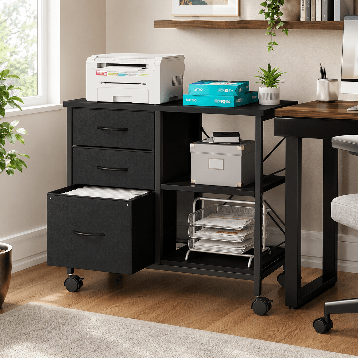 3-layer mobile filing cabinet, printer stand with storage, office storage cabinet with drawers and back support strips